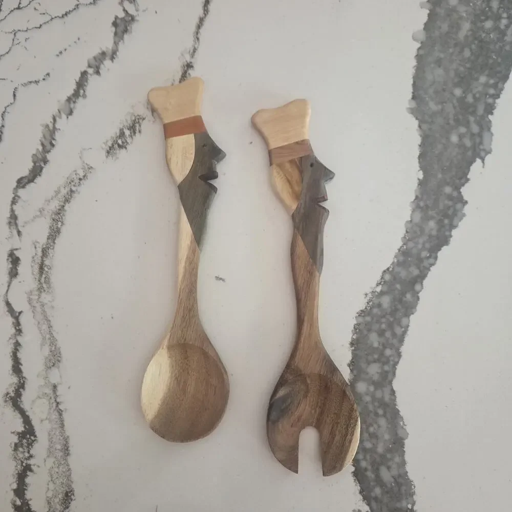 Vintage Hand-Carved Wooden Salad Server Set | Folk Art Chef Face Handles | 12